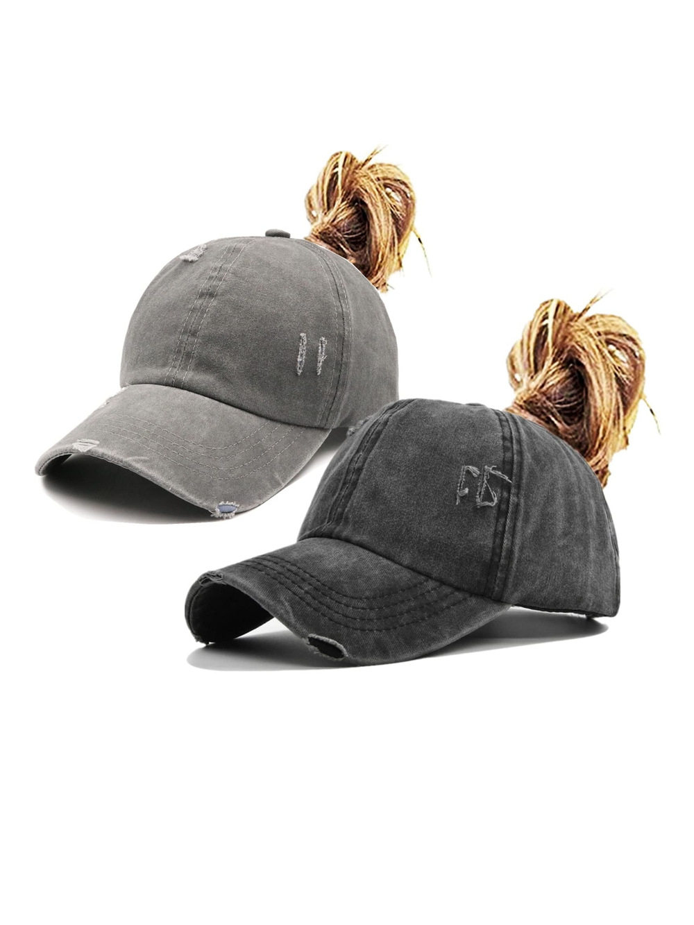 Womens High Ponytail Messy Bun | 2 Hats, Distressed Black, Gray | Size OS